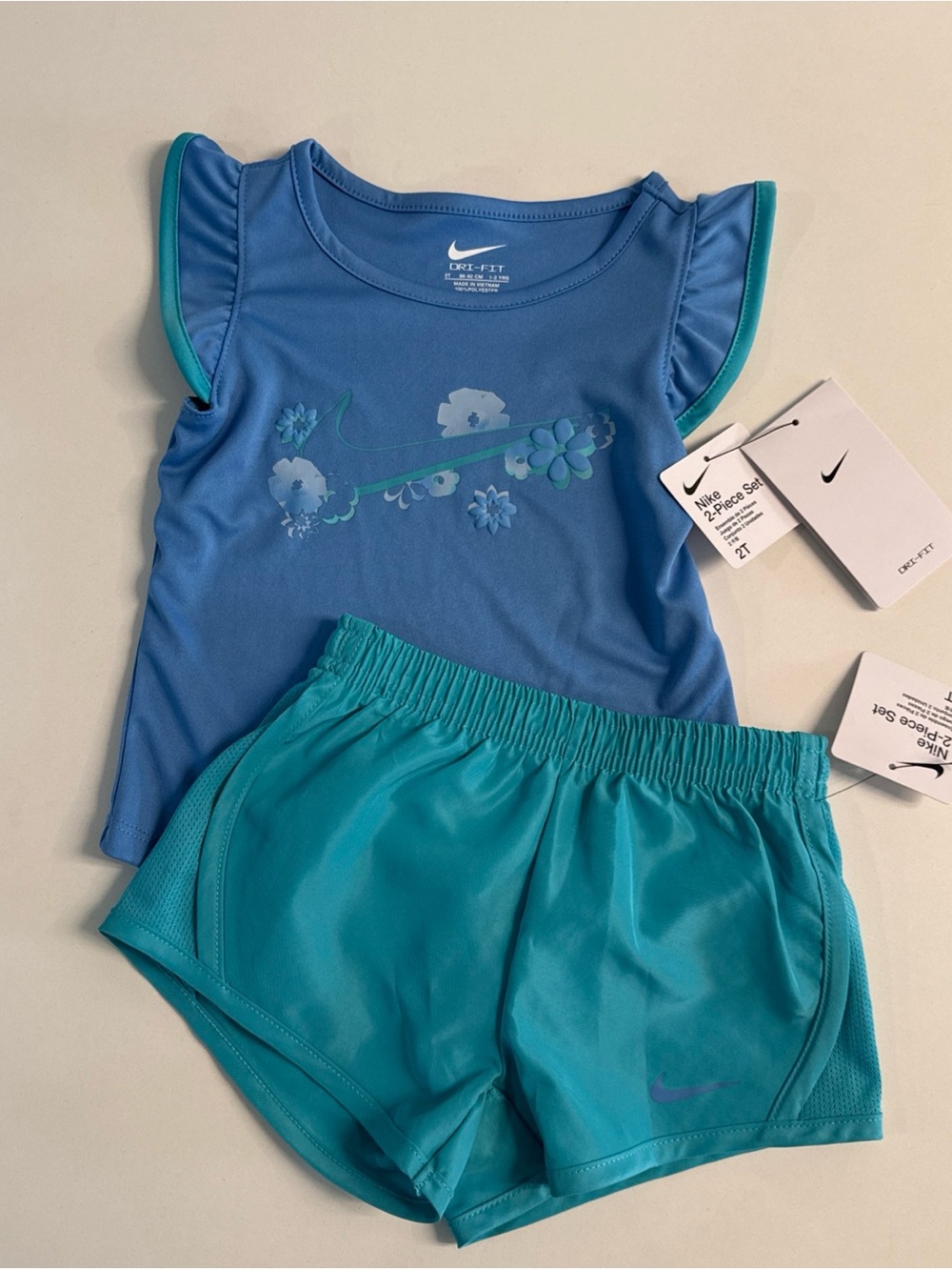 New Nike Toddler Girl Set Dri-FIT Shirt & Shorts Blue Dusty Cactus 2T
